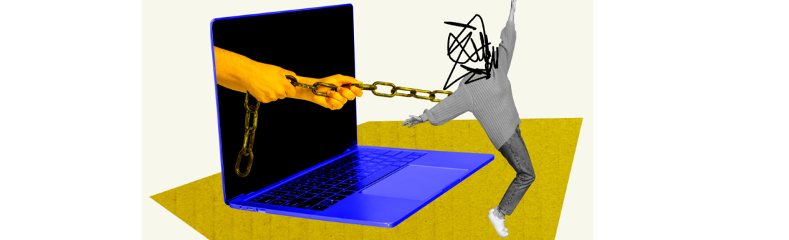 Mädchen, dass an einer Kette in einen Laptop gezogen wird