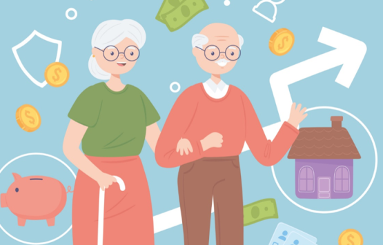 Grafik Senioren mit Finanzsymbolen, Copyright iStock.com/Colombia
