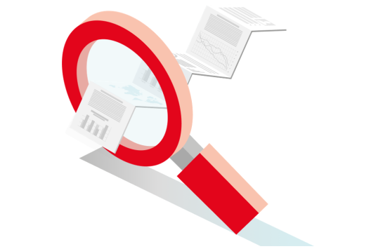 Lupe und Blatt mit Statistiken