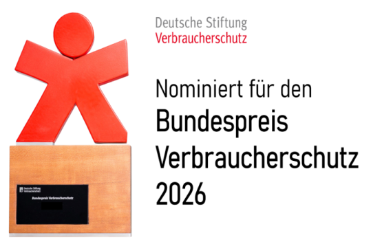 Bundespreistrophäe und Text Nominiert für den Bundespreis Verbraucherschutz 2026