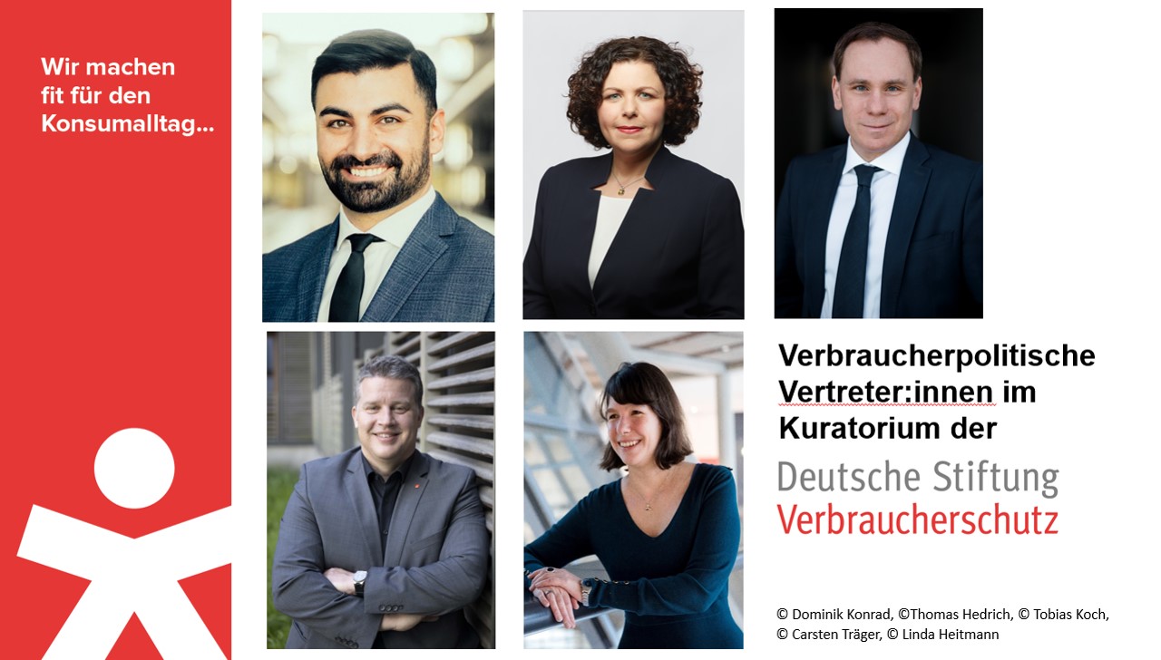Deutsche Stiftung Verbraucherschutz die verbraucherpolitischen Vertreter:innen der Bundestagsfaktionen im Kuratorium: Muhanad Al-Halak, Amira Mohamed Ali, Dr. Volker Ullrich, Carsten Träger und Linda Heitmann