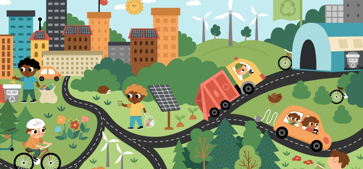 Grafik Wimmelbild für Kinder zu nachhaltigem Konsum Copyright Lexi Claus iStock