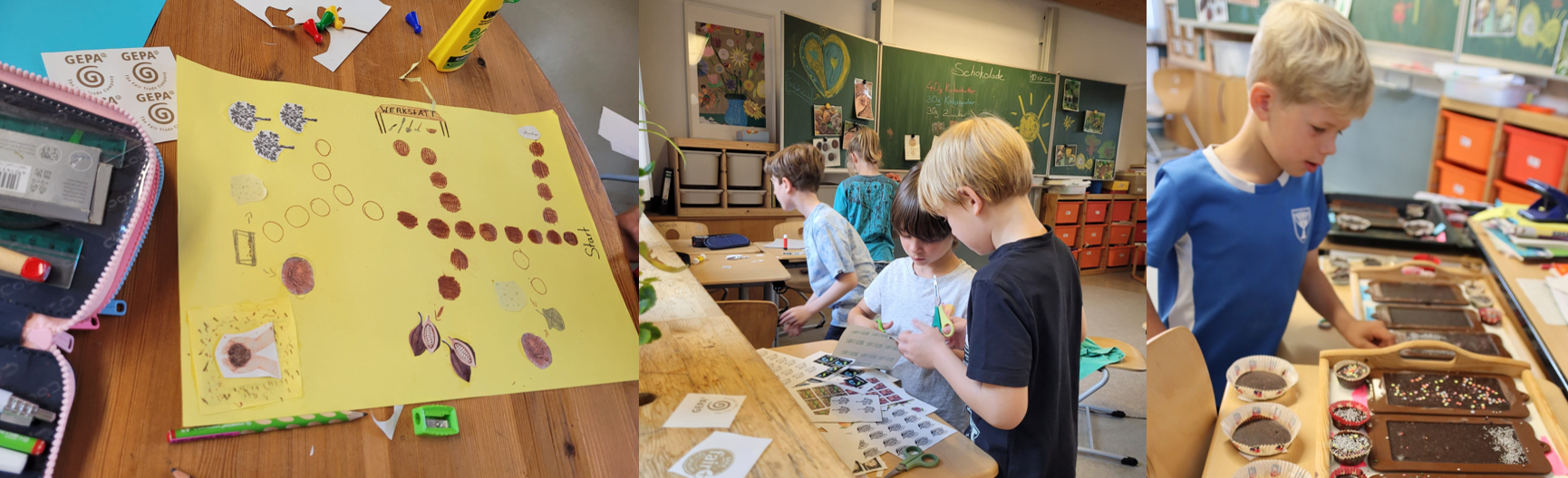 zusammengesetztes Bild zeigt Spielentwurf auf Papier, Kinder vor Tafel mit Schokoladenrezept, Kind mit Schokolade in verschiedenen Formen