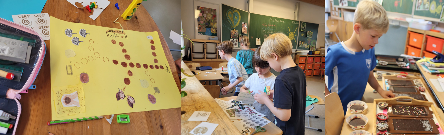 Verbraucherzentrale Schleswig-Holstein zusammengesetztes Bild zeigt Spielentwurf auf Papier, Kinder vor Tafel mit Schokoladenrezept, Kind mit Schokolade in verschiedenen Formen