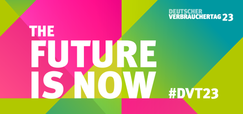 Veranstaltungslogo aus bunten Kacheln mit dem Titel "The future is now" zum Deutschen Verbrauchertag 2023, Copyright: vzbv