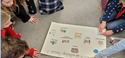 Kinder auf Boden sitzend um Blatt mit Spielidee herum