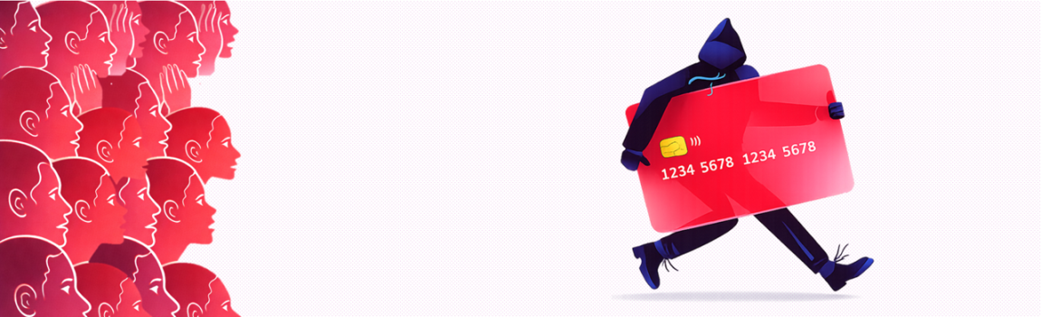 Gesichter blicken einen laufenden Betrüger mit großer Kreditkarte hinterher