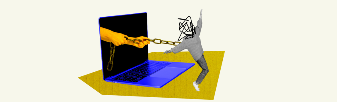 Mädchen, dass an einer Kette in einen Laptop gezogen wird