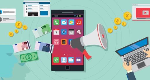 Grafik Smartphone, Megaphone, YouTubeSignet, Laptop und Eurozeichen