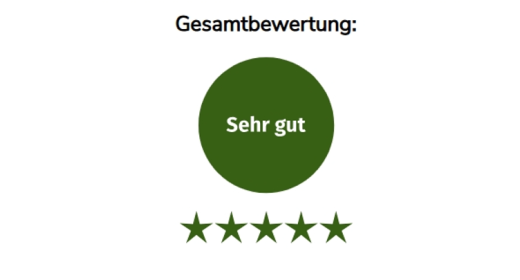 Bewertung sehr gut in grünem Kreis mit 5 Sternen darunter, (c) Verbraucherbildung vzbv