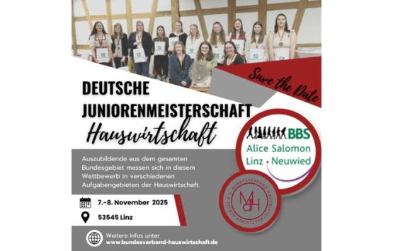 Ankündigungsflyer Juniorenmeisterschaft mit Schriftzug, Datum- und Ortsangabe und Foto der letztjährigen Gewinnerinnen