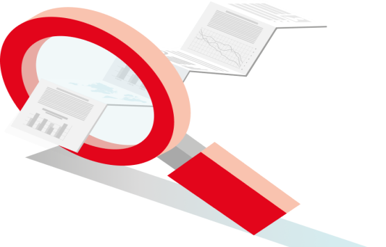 Lupe und Blatt mit Statistiken